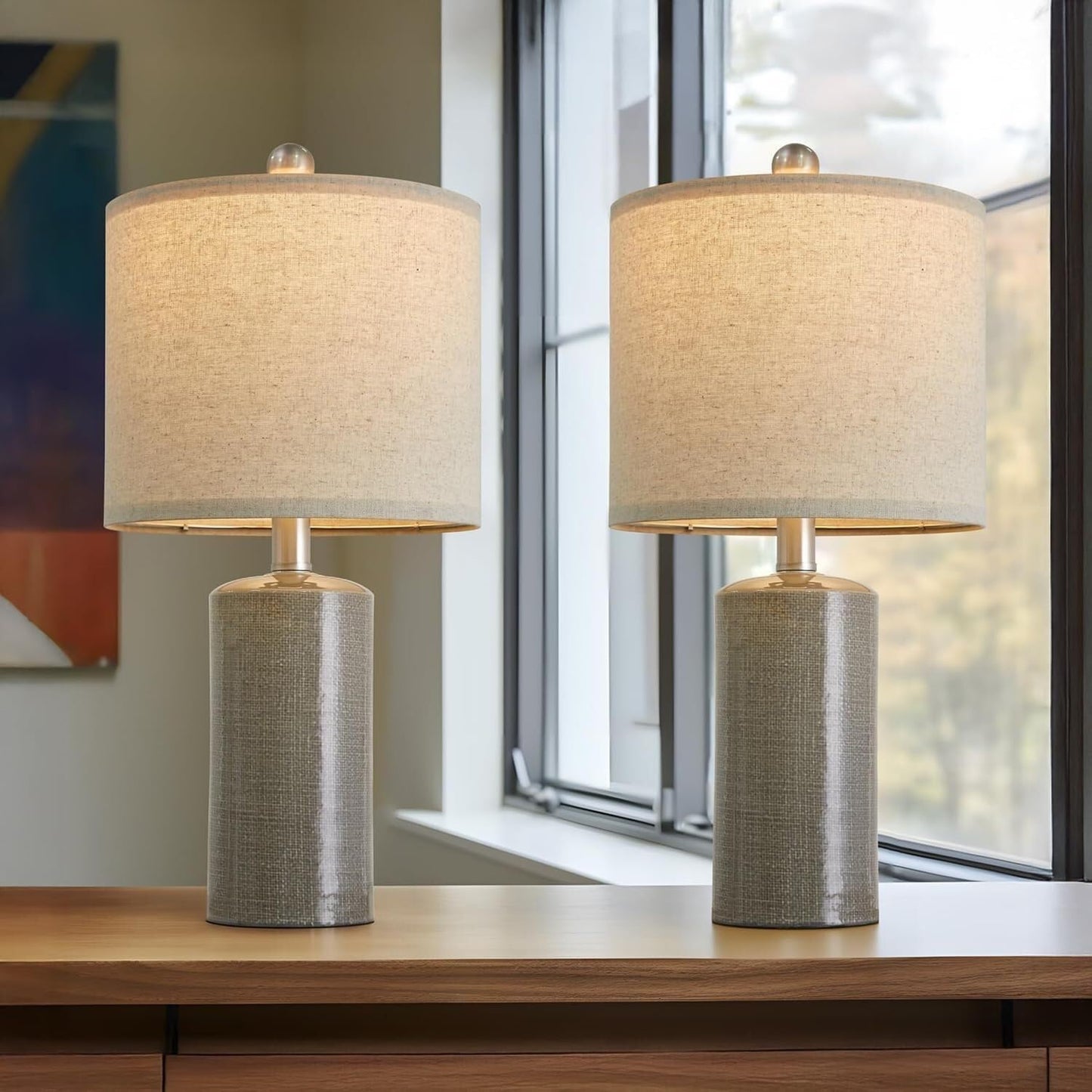 20.25 Inch Modern Minimalist Ceramic Table Lamp with Linen Lampshade for Living Room Bedroom Bedside Lamp Suitable for bedrooms, Living Rooms, Offices, Book(Gray)