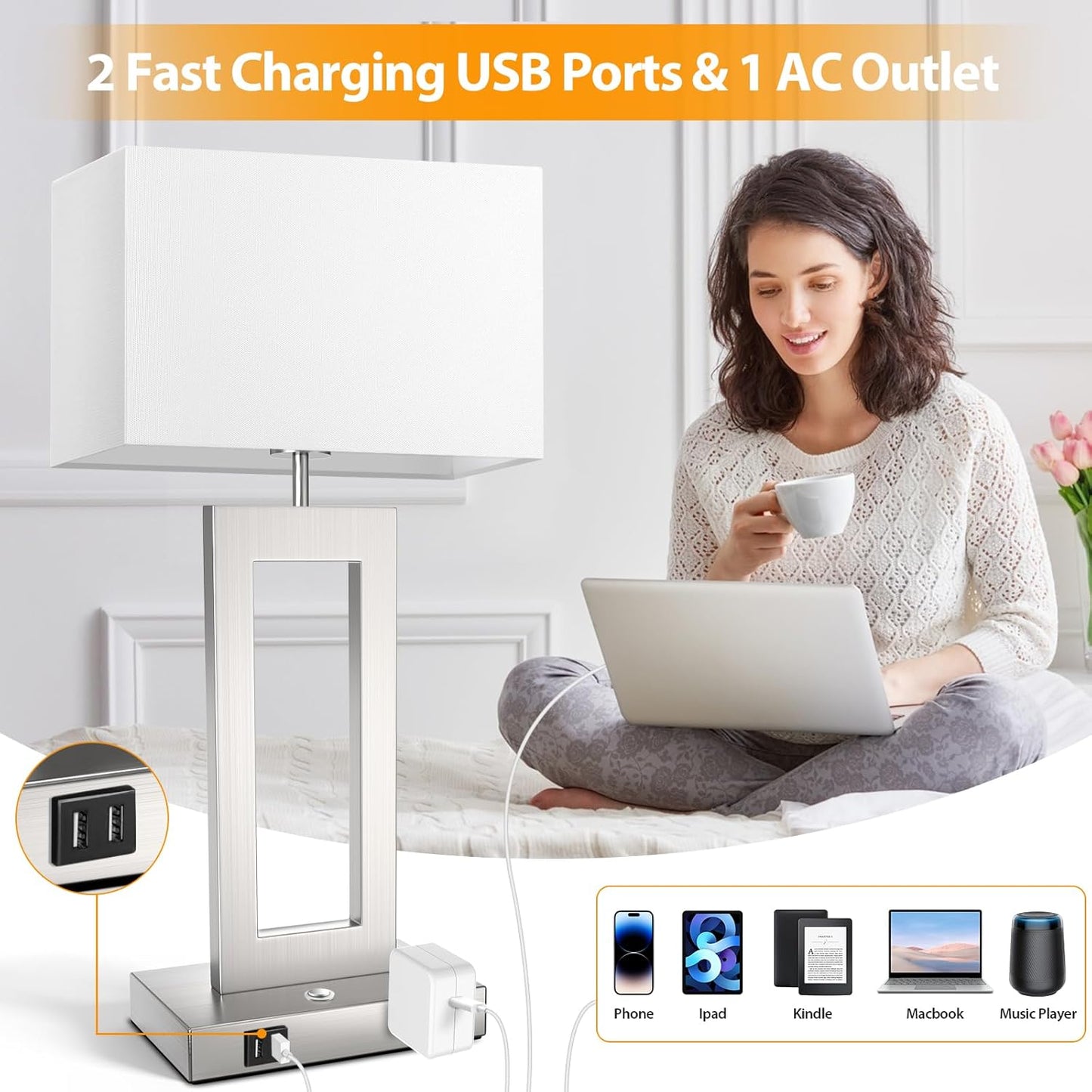 27.2’’ Tall Black Table Lamps for Living Room Bedroom, Bedside Touch Control Lamps with 2 USB Ports&AC Outlet, 3 Way Dimmable&Stepless Dimming Desk Lamp Sets for Home Office, Pre-assembled White Shade