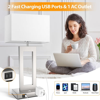 27.2’’ Tall Black Table Lamps for Living Room Bedroom, Bedside Touch Control Lamps with 2 USB Ports&AC Outlet, 3 Way Dimmable&Stepless Dimming Desk Lamp Sets for Home Office, Pre-assembled White Shade