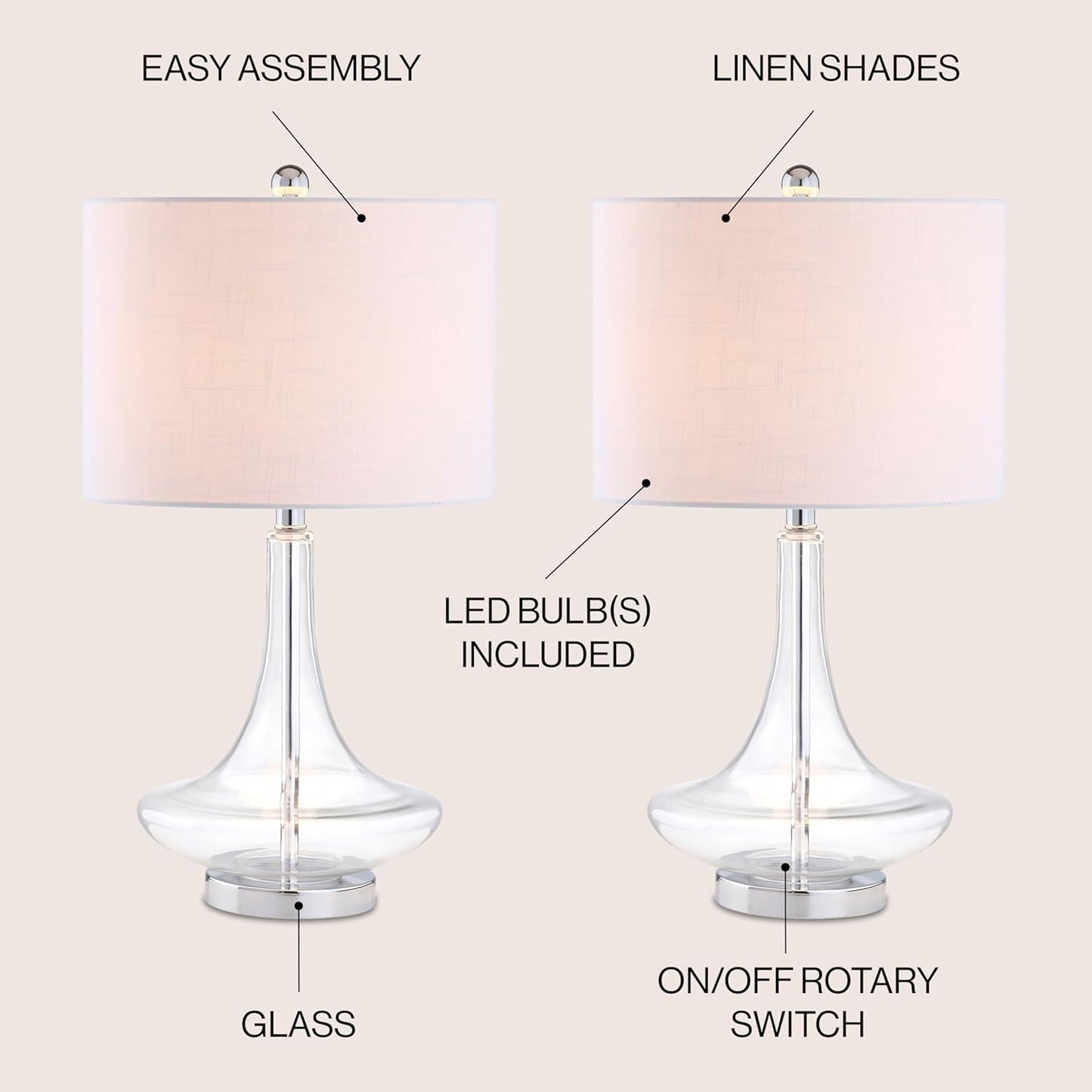 JONATHAN Y JYL1081C-SET2 Set of 2 Table Lamps Cecile 25.5" Glass Teardrop LED Table Lamp Contemporary Bedside Desk Nightstand Lamp for Bedroom Living Room Office College Bookcase, Clear