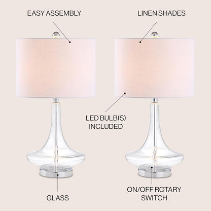 JONATHAN Y JYL1081C-SET2 Set of 2 Table Lamps Cecile 25.5" Glass Teardrop LED Table Lamp Contemporary Bedside Desk Nightstand Lamp for Bedroom Living Room Office College Bookcase, Clear