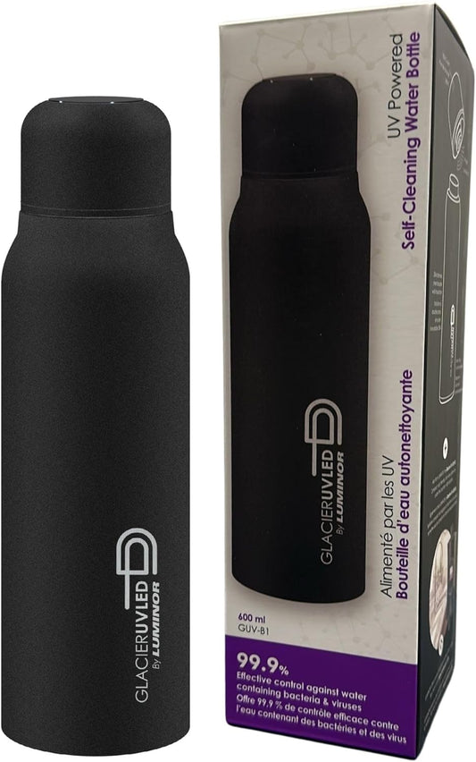 Luminor Glacier UV Self-Cleaning Water Bottle – 20 oz Rechargeable Stainless Steel Insulated Tumbler, Portable UVC Fast 90-Second Water Cleaner, USB-C Charging - for Travel, Hiking, Cycling