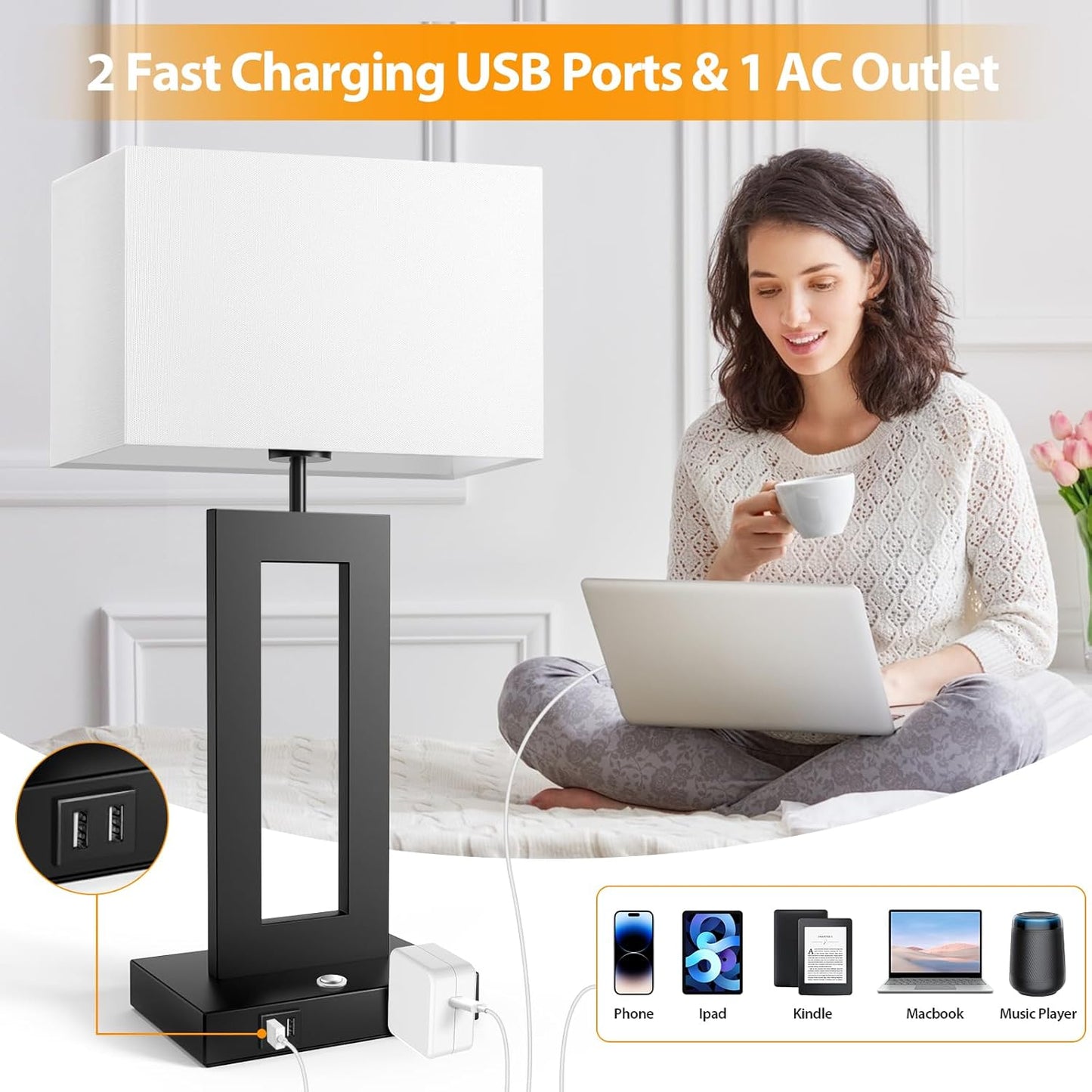 27.2’’ Tall Black Table Lamps for Living Room Bedroom, Bedside Touch Control Lamps with 2 USB Ports&AC Outlet, 3 Way Dimmable&Stepless Dimming Desk Lamp Sets for Home Office, Pre-assembled White Shade