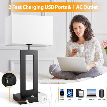 27.2’’ Tall Black Table Lamps for Living Room Bedroom, Bedside Touch Control Lamps with 2 USB Ports&AC Outlet, 3 Way Dimmable&Stepless Dimming Desk Lamp Sets for Home Office, Pre-assembled White Shade