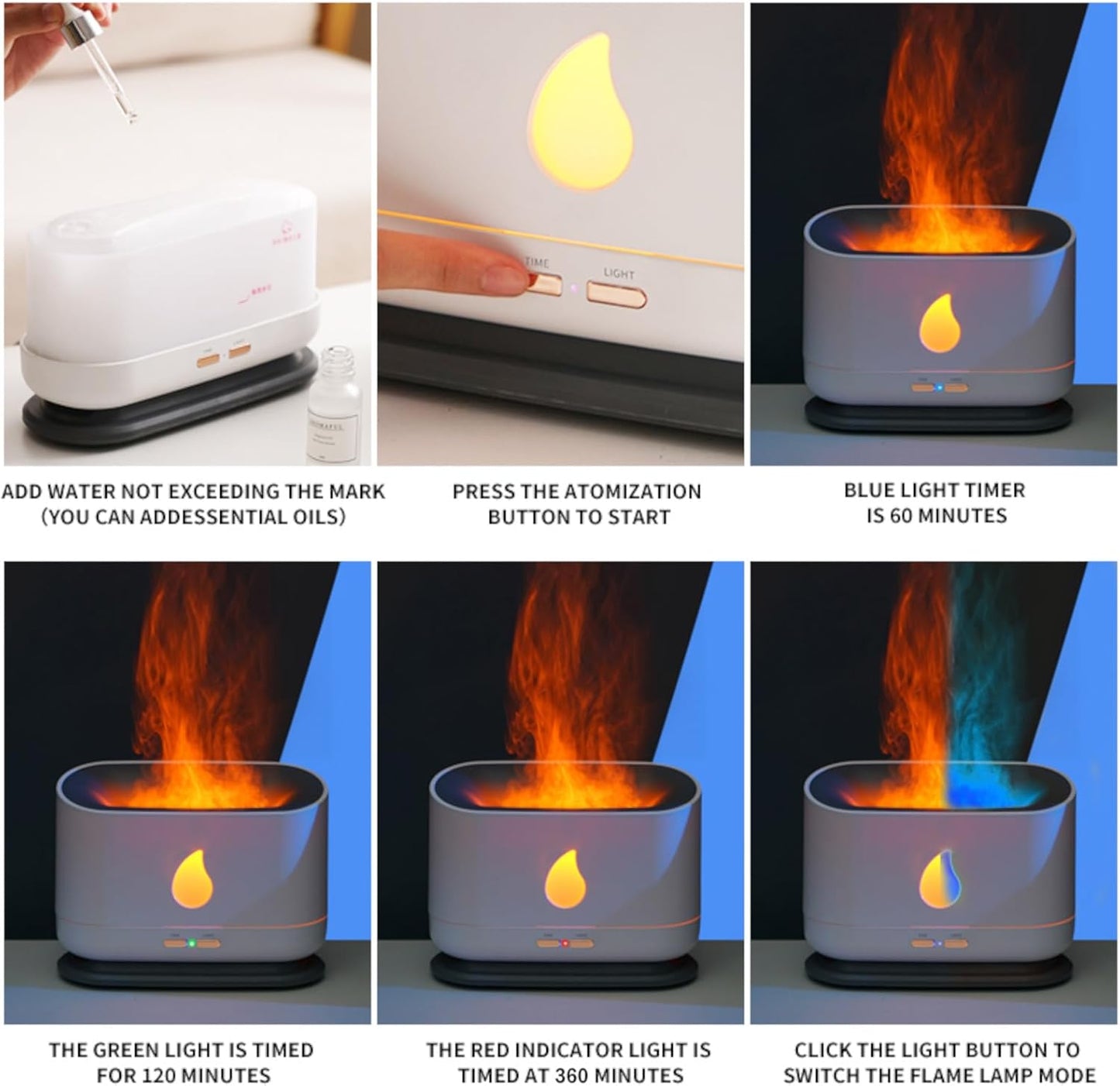 Flame Humidifier Aroma Diffuser,Cool Mist Humidifier,Simulated Flame, Power Outage When There Is No Water,Silent Humidification For Baby Bedroom Plant Office Yoga,Black