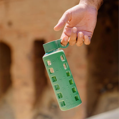 purifyou 40oz / 32oz / 22oz / 12oz Borosilicate Glass Water Bottle with Time & Volume Markers, Silicone Sleeve, Stainless Steel Lid | Reusable Glass Bottle for Water & Juice (40oz Jet Black)