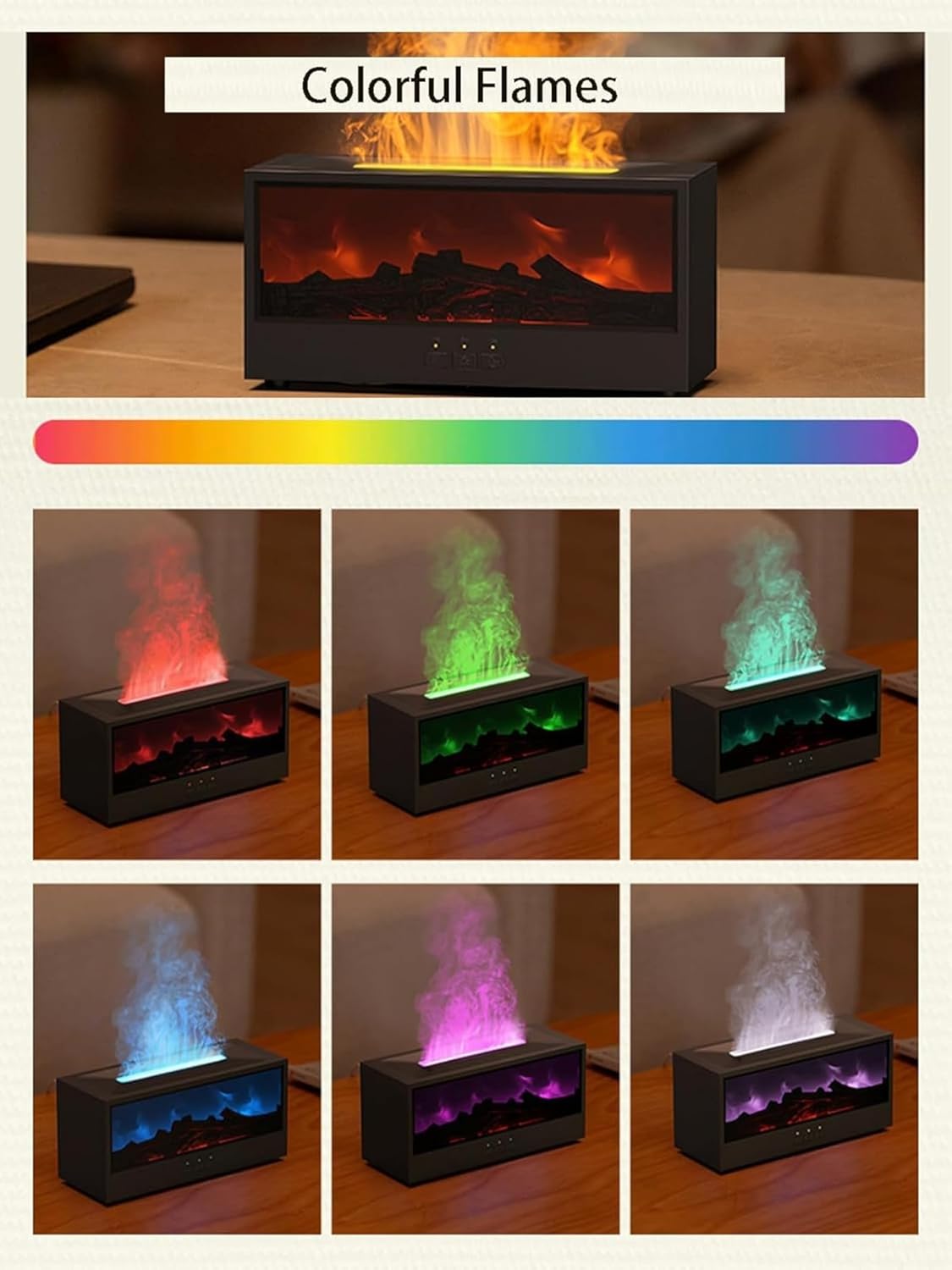 Firehome Humidifier with Remote Control, Realistic Flame Effect & 7-Color Light, Flame Essential Oil Diffuser with Simulated Charcoal, 3 Gears Timer, for Bedroom, Office & Home (White)