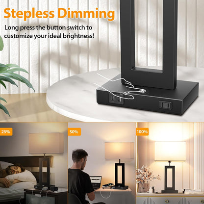27.2’’ Tall Black Table Lamps for Living Room Bedroom, Bedside Touch Control Lamps with 2 USB Ports&AC Outlet, 3 Way Dimmable&Stepless Dimming Desk Lamp Sets for Home Office, Pre-assembled White Shade