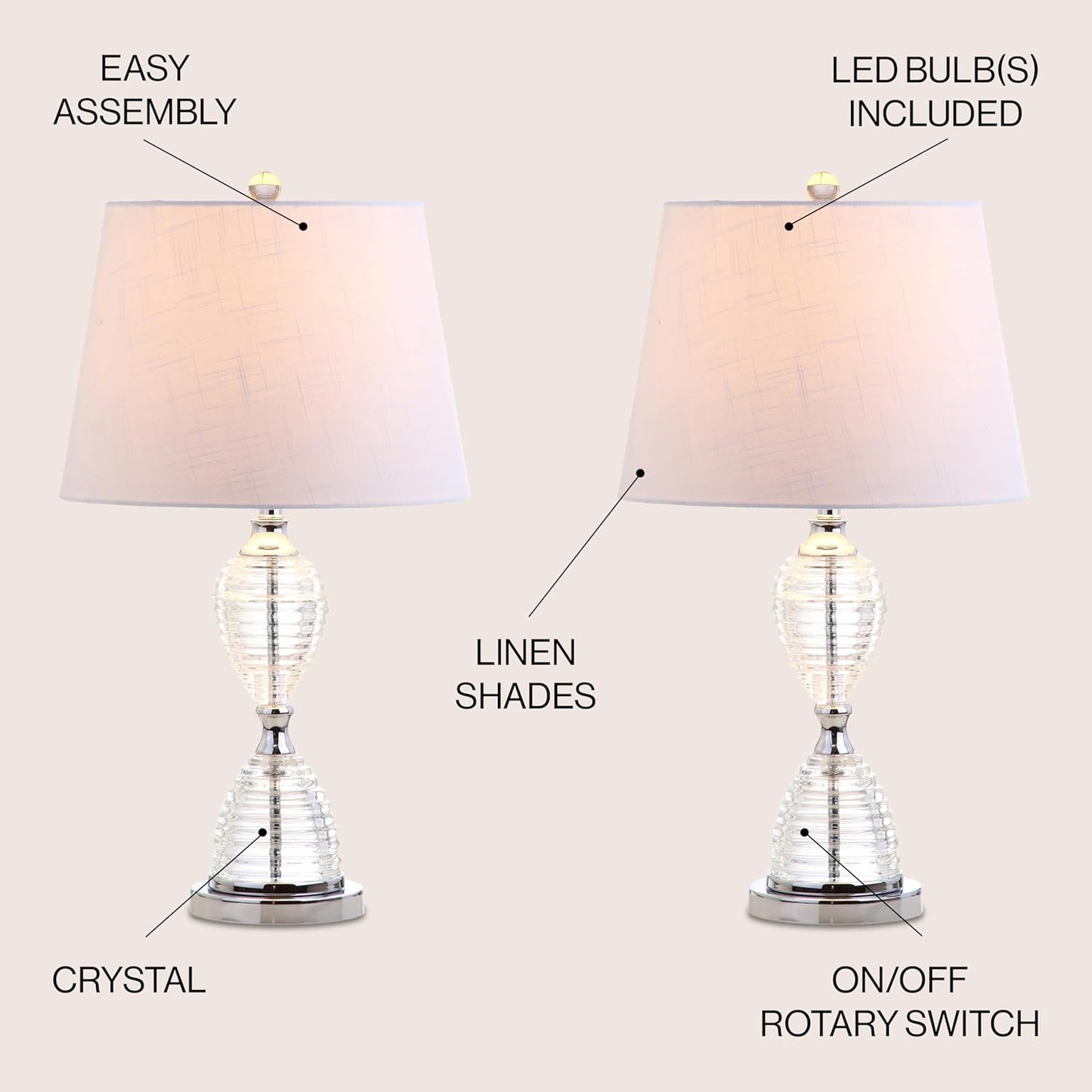JONATHAN Y JYL2045A-SET2 Set of 2 Table Lamps Aubrey 24" Crystal LED Table Lamp Glam Contemporary Bedside Desk Nightstand Lamp for Bedroom Living Room Office College Bookcase, Clear