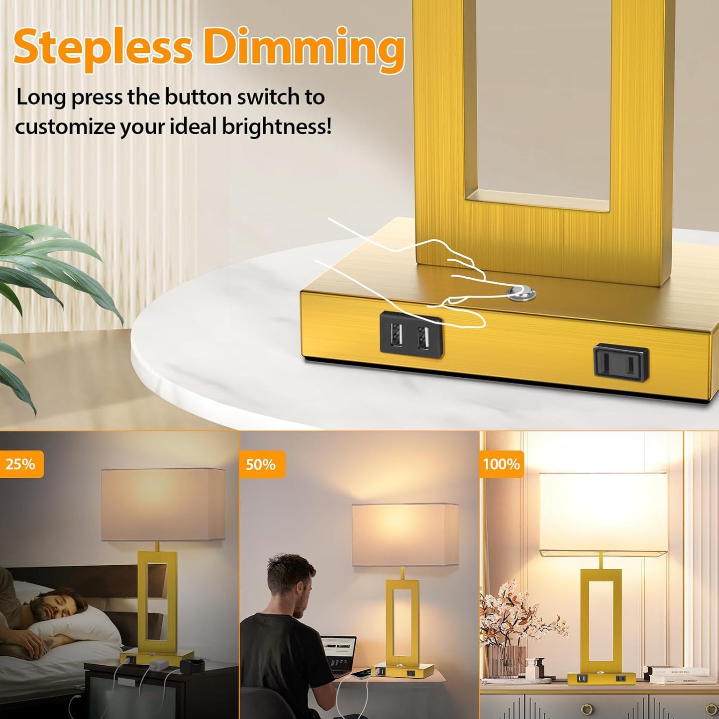 27.2’’ Tall Black Table Lamps for Living Room Bedroom, Bedside Touch Control Lamps with 2 USB Ports&AC Outlet, 3 Way Dimmable&Stepless Dimming Desk Lamp Sets for Home Office, Pre-assembled White Shade