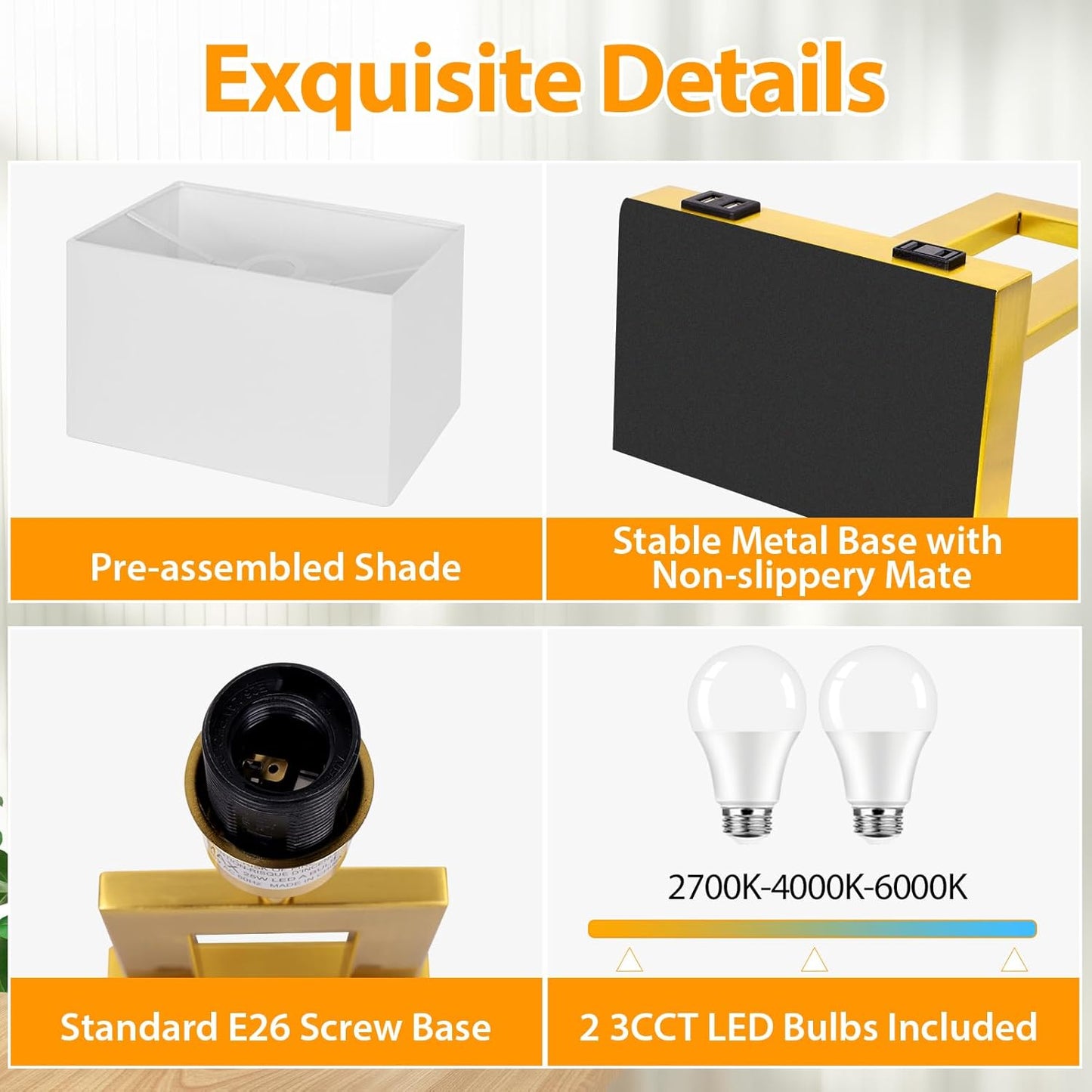 27.2’’ Tall Black Table Lamps for Living Room Bedroom, Bedside Touch Control Lamps with 2 USB Ports&AC Outlet, 3 Way Dimmable&Stepless Dimming Desk Lamp Sets for Home Office, Pre-assembled White Shade