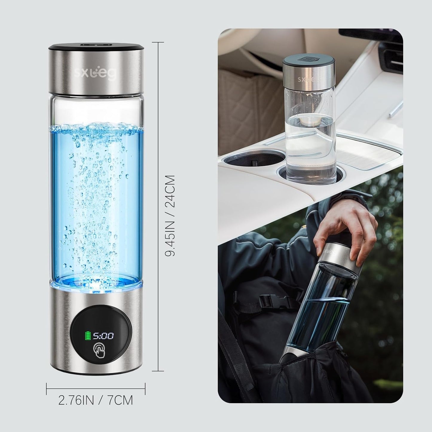 Hydrogen Water Bottle Generator - Glass Hydrogen Water Ionizer Machine 16oz, SPE/PEM Technology, LED Display, Easy Clean, Type-C Charging for Home Office Fitness, Silver