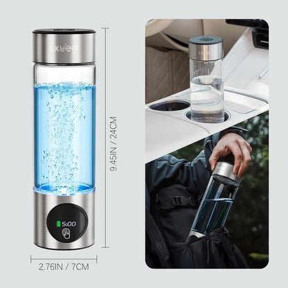 Hydrogen Water Bottle Generator - Glass Hydrogen Water Ionizer Machine 16oz, SPE/PEM Technology, LED Display, Easy Clean, Type-C Charging for Home Office Fitness, Silver