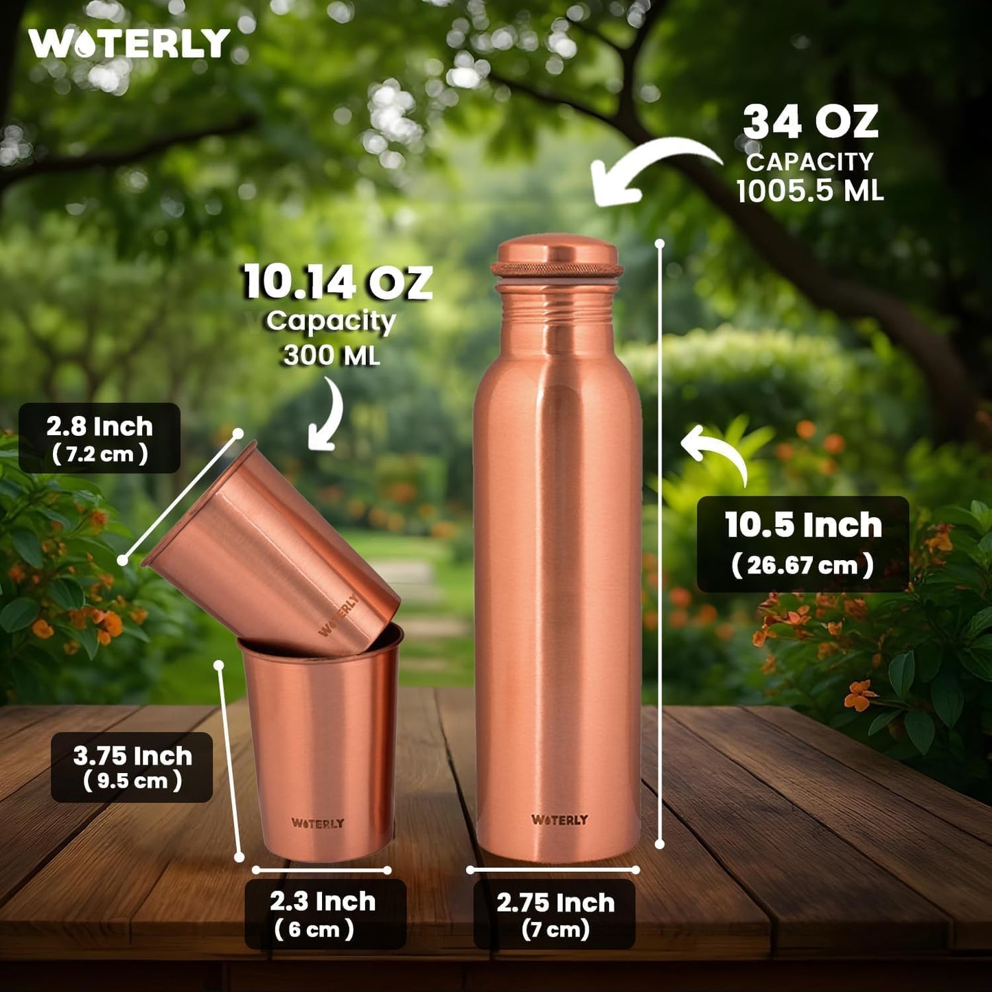 Plain Copper Water Bottle (34 Oz /1000ml) With Set Of 2 Tumbler (10 Oz/300ml Each) | Best use for Office,Gym & gifts |100% Pure Copper Material with Leak proof Quality