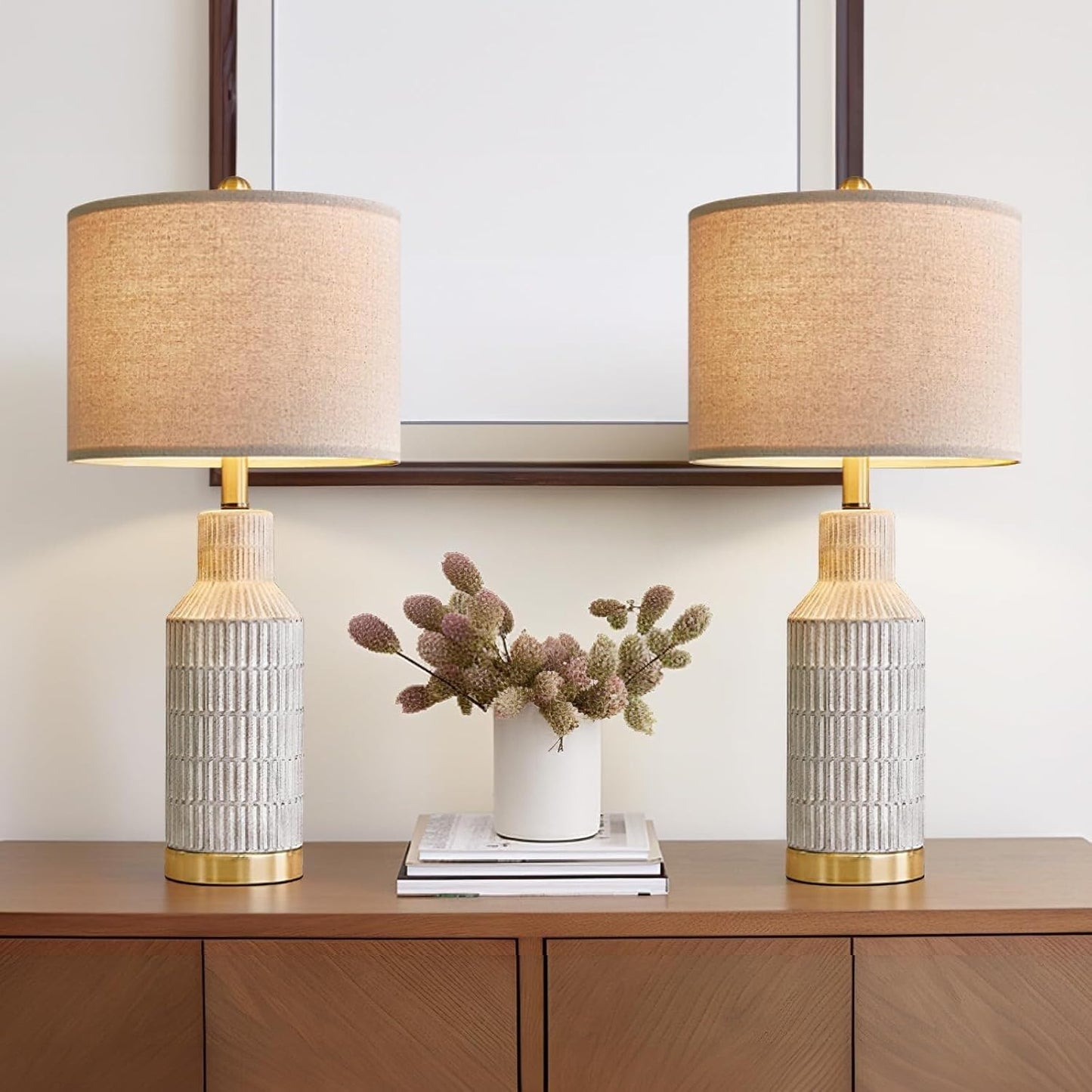 25 Inch Modern Ceramic Table Lamp with Linen Shade for Living Room Bedroom Farmhouse Nightstand Lamp Suitable for bedrooms, Living Rooms, Offices, Book(‎Washed White-1Pack)