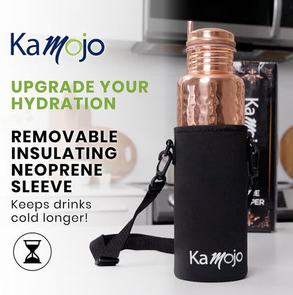 Copper Water Bottle for Drinking - Hammered 100% Pure Copper Tumbler with Leak Proof Lid, Removable Insulating Sleeve & Straw - Handcrafted Ayurvedic Cup for Water 32 fl oz