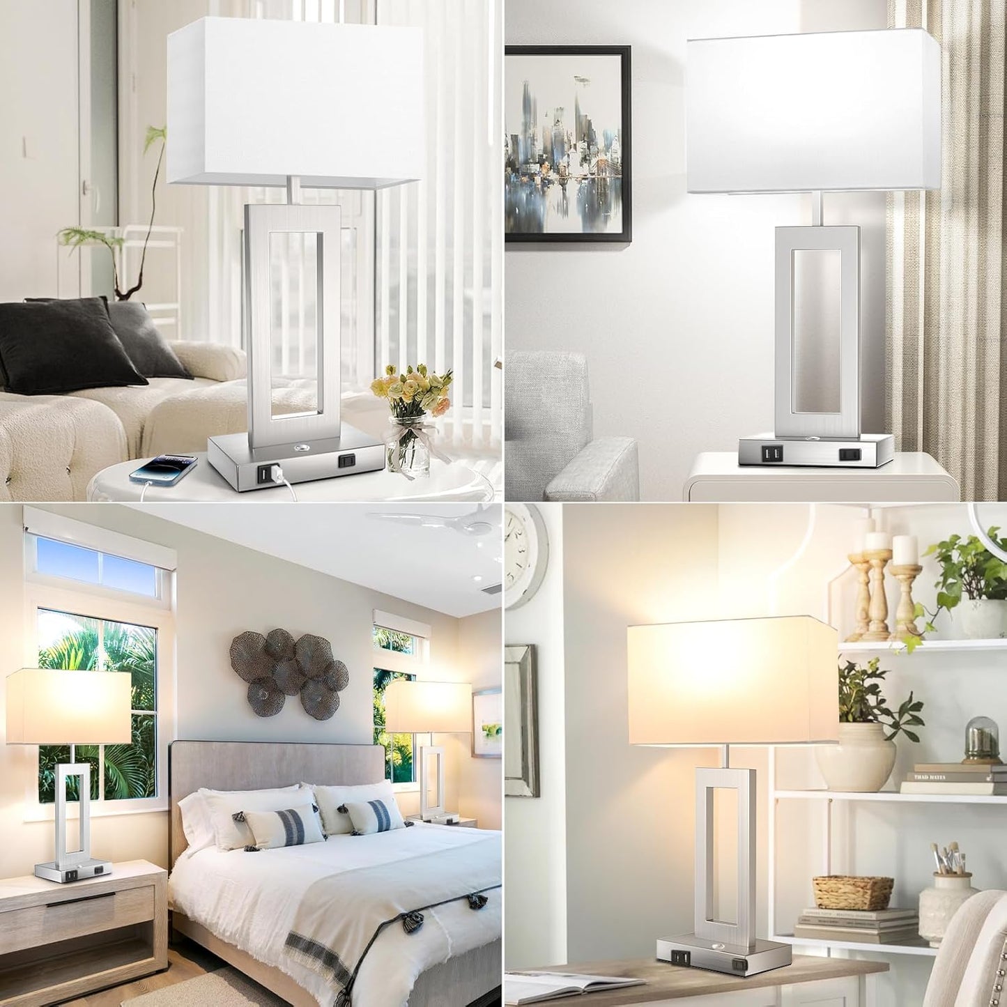 27.2’’ Tall Black Table Lamps for Living Room Bedroom, Bedside Touch Control Lamps with 2 USB Ports&AC Outlet, 3 Way Dimmable&Stepless Dimming Desk Lamp Sets for Home Office, Pre-assembled White Shade