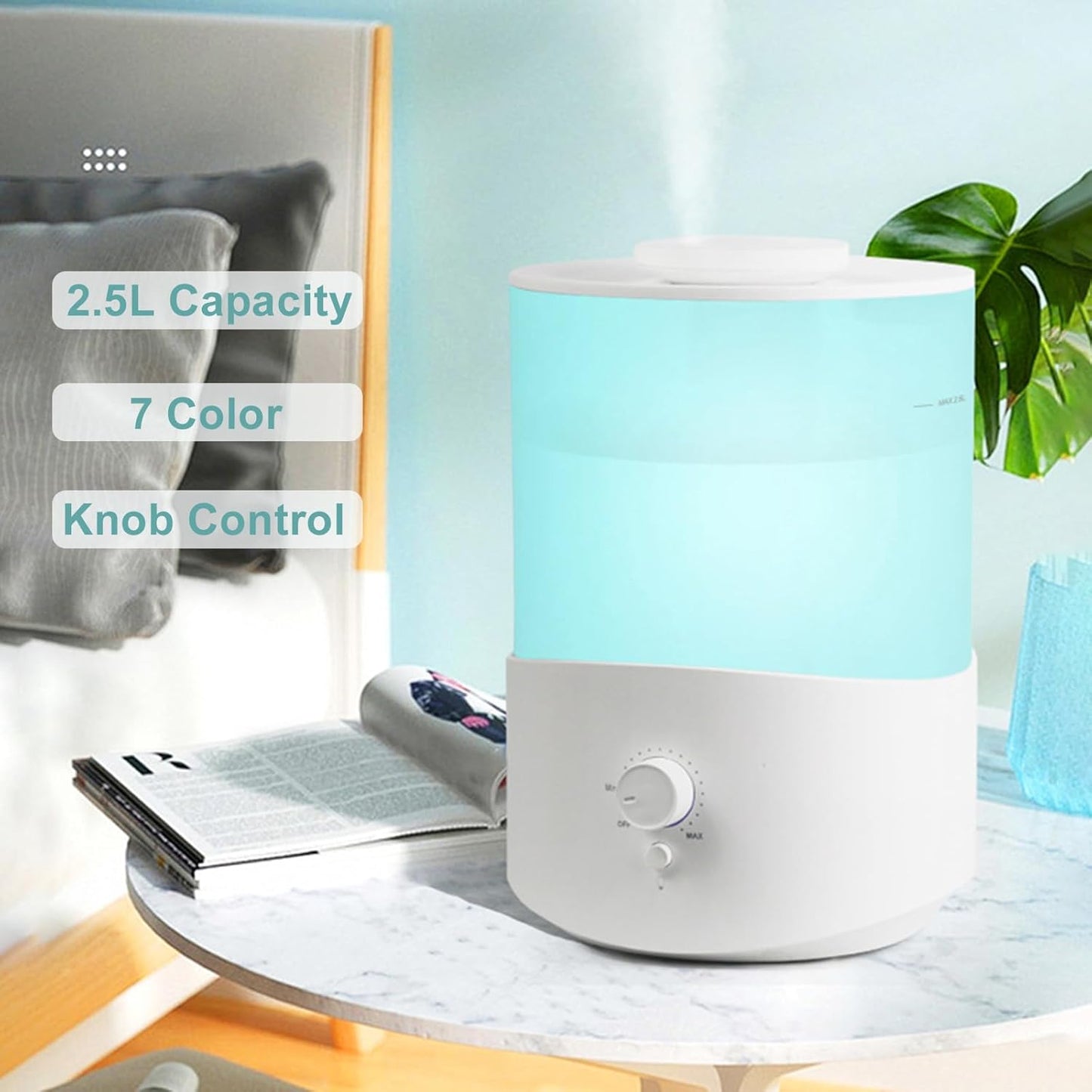 2.5L Humidifiers for Bedroom Office, Top Fill Knob Control Cool Mist Ultrasonic Humidifiers With 7 Color Night Light, Support Essential Oil