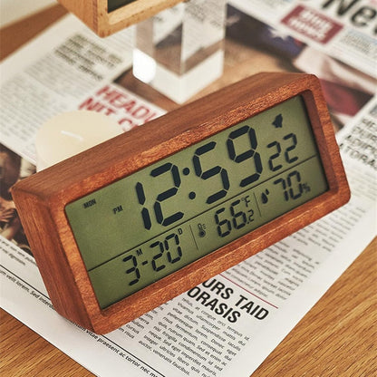 Wooden Alarm Clock, Battery Operated LCD Digital Clock with Smart Sensor Night Light and Snooze Function, Suitable for Bedroom, Bedside, Desk (Color : B)
