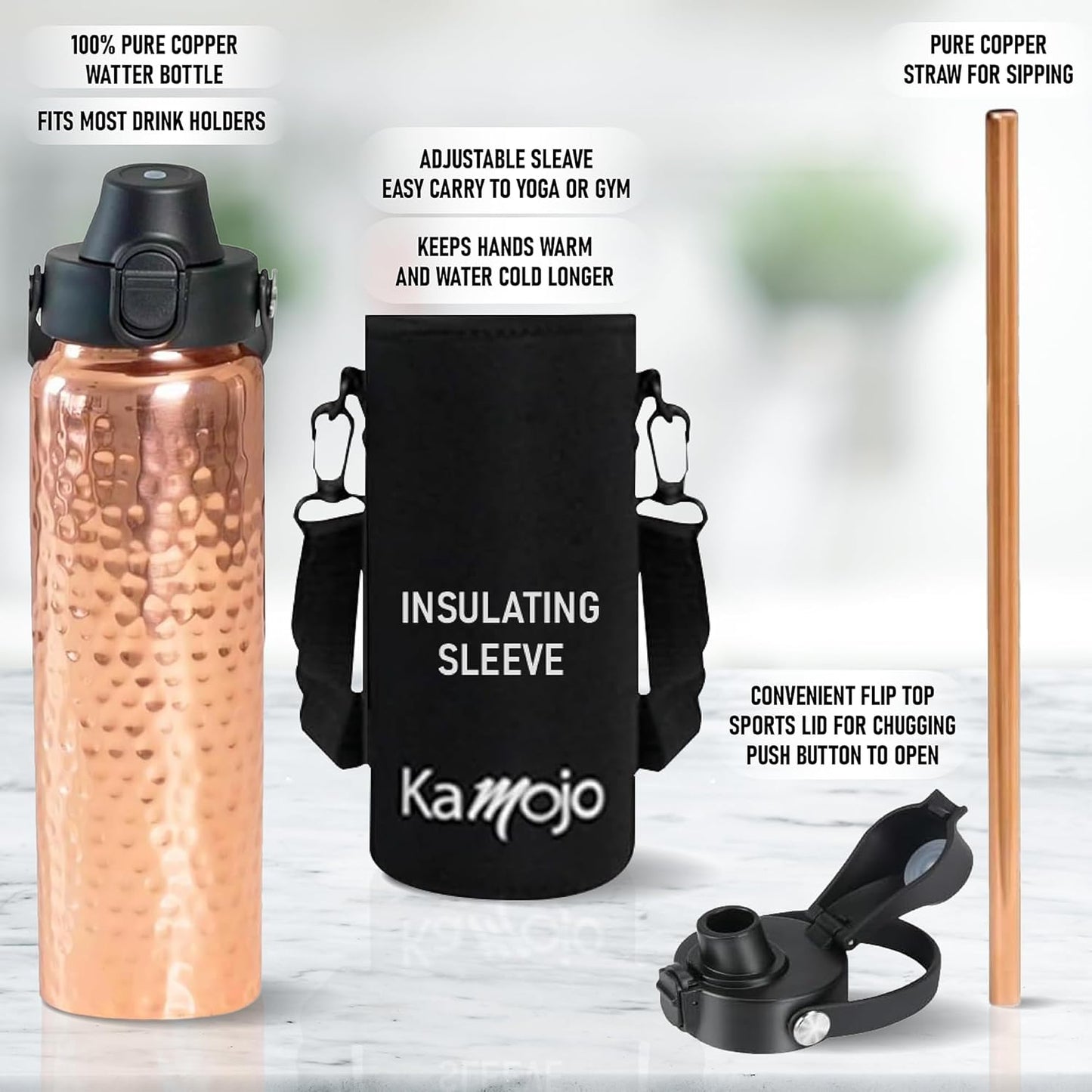 Copper Water Bottle for Drinking - Hammered 100% Pure Copper Tumbler with Leak Proof Lid, Removable Insulating Sleeve & Straw - Handcrafted Ayurvedic Cup for Water 32 fl oz