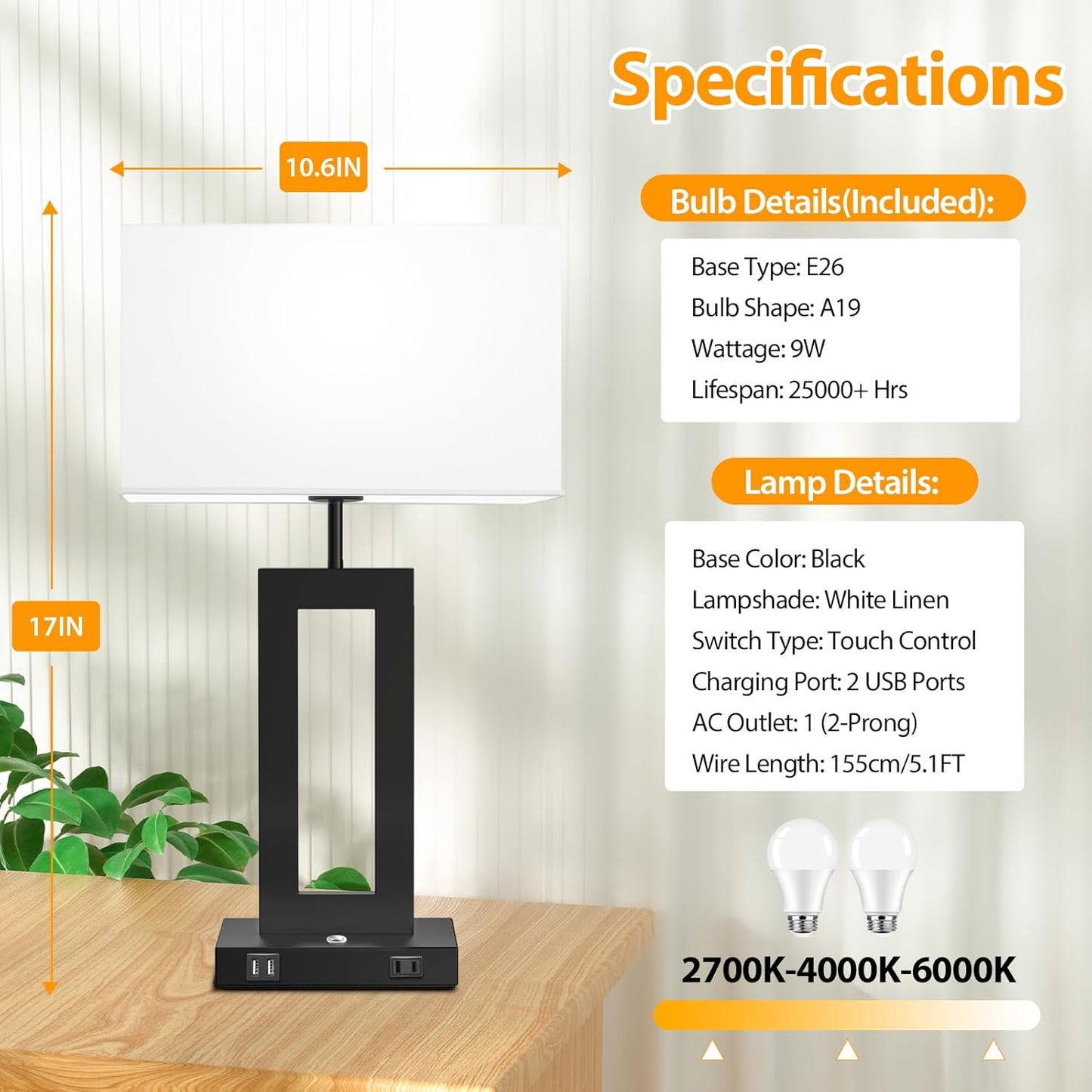 27.2’’ Tall Black Table Lamps for Living Room Bedroom, Bedside Touch Control Lamps with 2 USB Ports&AC Outlet, 3 Way Dimmable&Stepless Dimming Desk Lamp Sets for Home Office, Pre-assembled White Shade