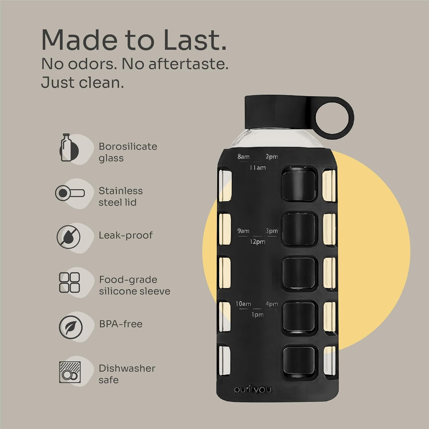 purifyou 40oz / 32oz / 22oz / 12oz Borosilicate Glass Water Bottle with Time & Volume Markers, Silicone Sleeve, Stainless Steel Lid | Reusable Glass Bottle for Water & Juice (40oz Jet Black)