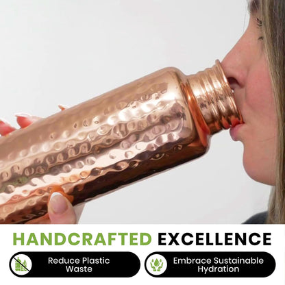 Copper Water Bottle for Drinking - Hammered 100% Pure Copper Tumbler with Leak Proof Lid, Removable Insulating Sleeve & Straw - Handcrafted Ayurvedic Cup for Water 32 fl oz