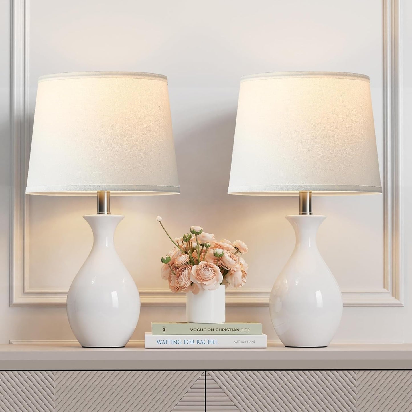 19" Modern Classic Ceramic Table Lamp Set of 2 with Rocker Switch for Bedroom Living Room Desk Side Table Suitable for bedrooms, Living Rooms, Offices, Book(White)