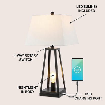 JONATHAN Y JYL8503A Waylon 28.5" Classic Industrial Iron Nightlight LED Table Lamp with USB Charging Port Modern Contemporary Bedside Desk Nightstand Lamp for Bedroom Living Room, Black