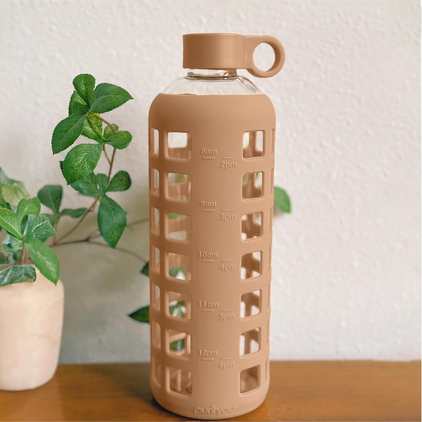 purifyou 40oz / 32oz / 22oz / 12oz Borosilicate Glass Water Bottle with Time & Volume Markers, Silicone Sleeve, Stainless Steel Lid | Reusable Glass Bottle for Water & Juice (40oz Jet Black)