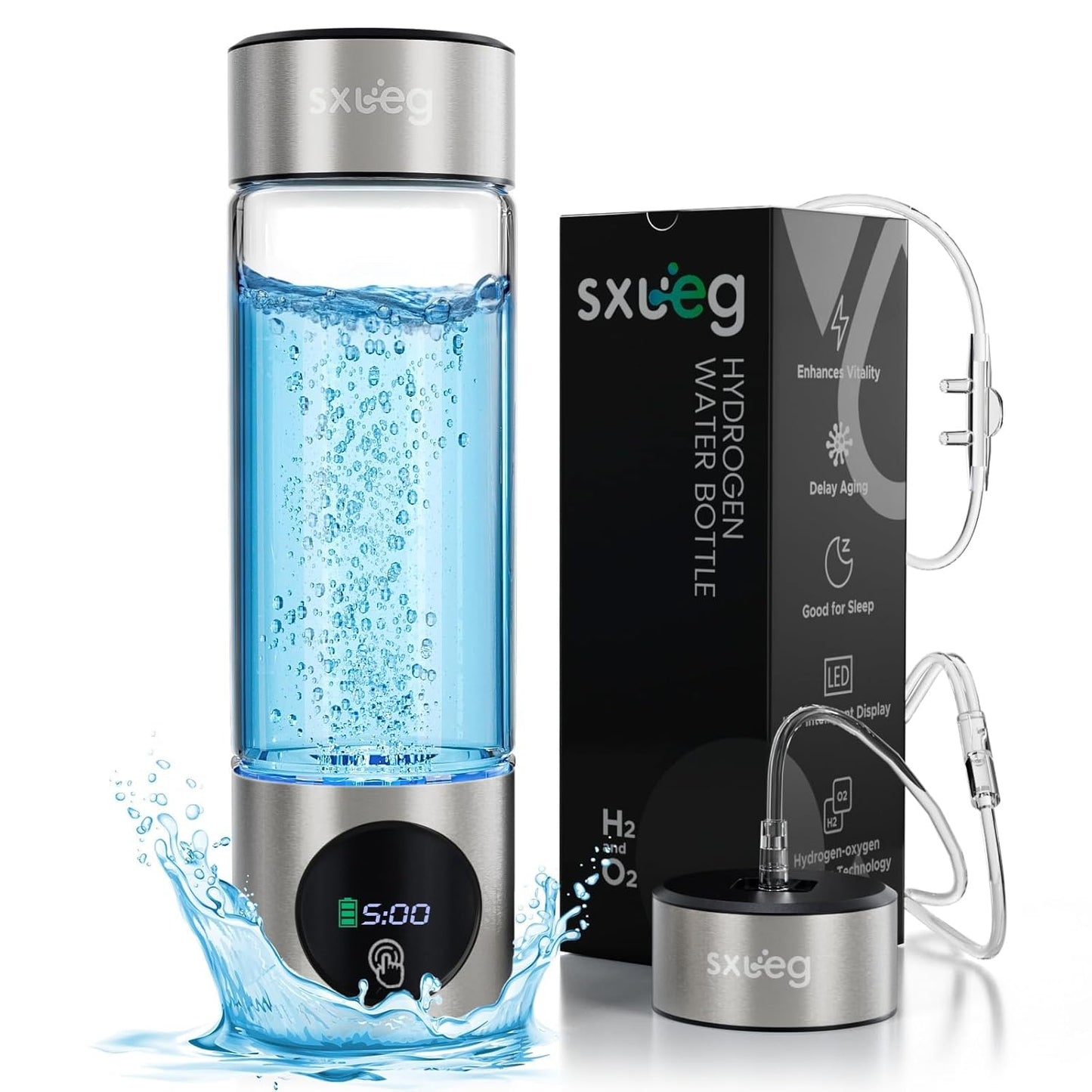 Hydrogen Water Bottle Generator - Glass Hydrogen Water Ionizer Machine 16oz, SPE/PEM Technology, LED Display, Easy Clean, Type-C Charging for Home Office Fitness, Silver
