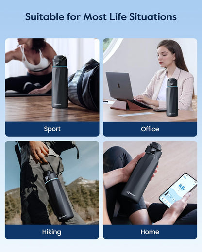 BOOST Smart Water Bottle with Reminder & Tracker, Double Wall Vacuum Insulated Bottles Stainless Steel, 32oz BPA-Free Wide Mouth for Gym, Office, School - Ideal Gift, Black