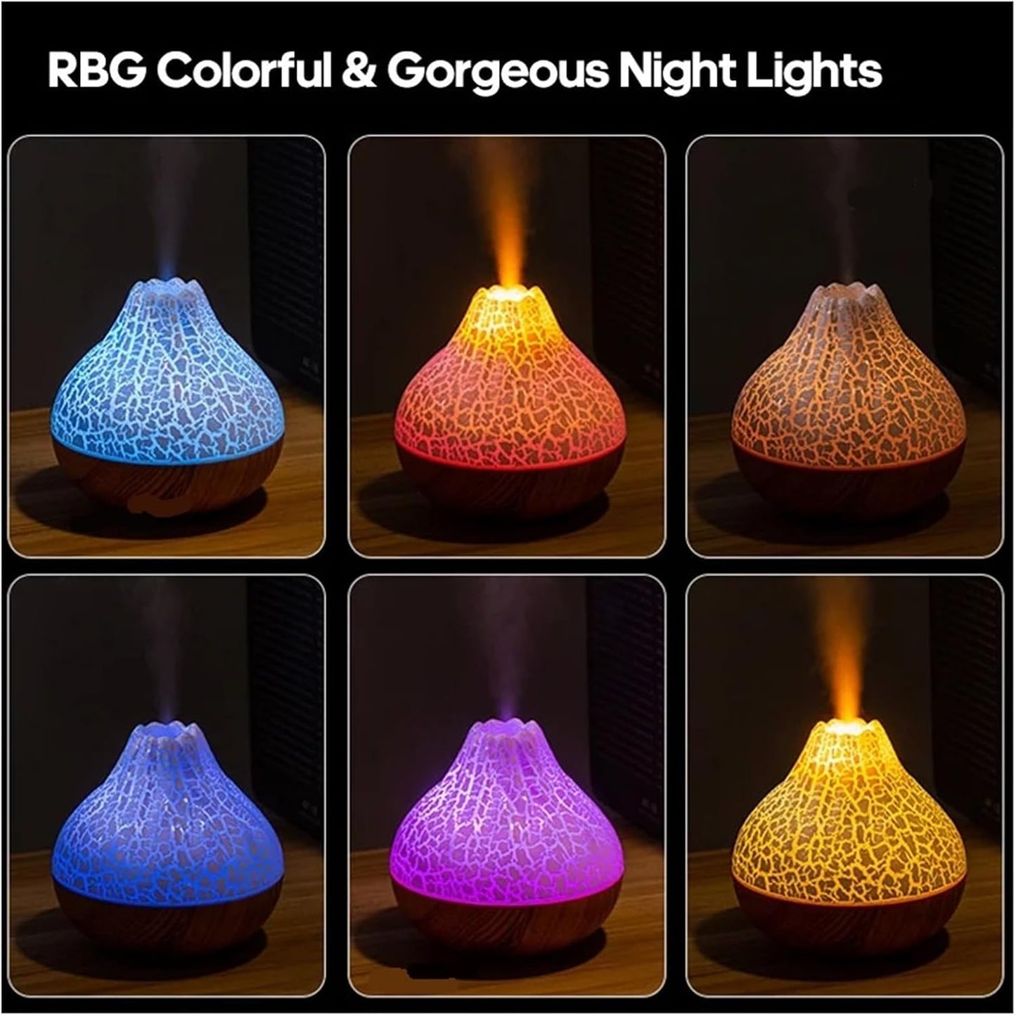Humidifier, 300ml Volcano Air Humidifier Desktop Electric USB Water Mist Diffuser Purifier Air Freshener With 7 Colors Night,for Bedroom(White Crackle)