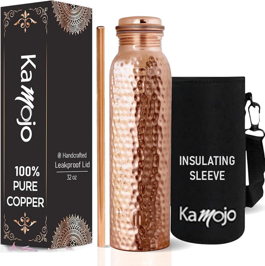 Copper Water Bottle for Drinking - Hammered 100% Pure Copper Tumbler Cup with Leak Proof Lid, Removable Insulating Sleeve & Straw - Handcrafted Ayurvedic Cup for Water 32 fl oz