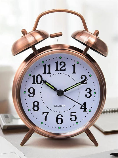 VSULZVNU Alarm Clock Metal Twin Bell Alarm Clock, 4-Inch Vintage Small Analog Silent Table Desk Alarm Clock Battery Operated with Night Light Loud for Heavy Sleepers Bedroom Smart Alarm Clock