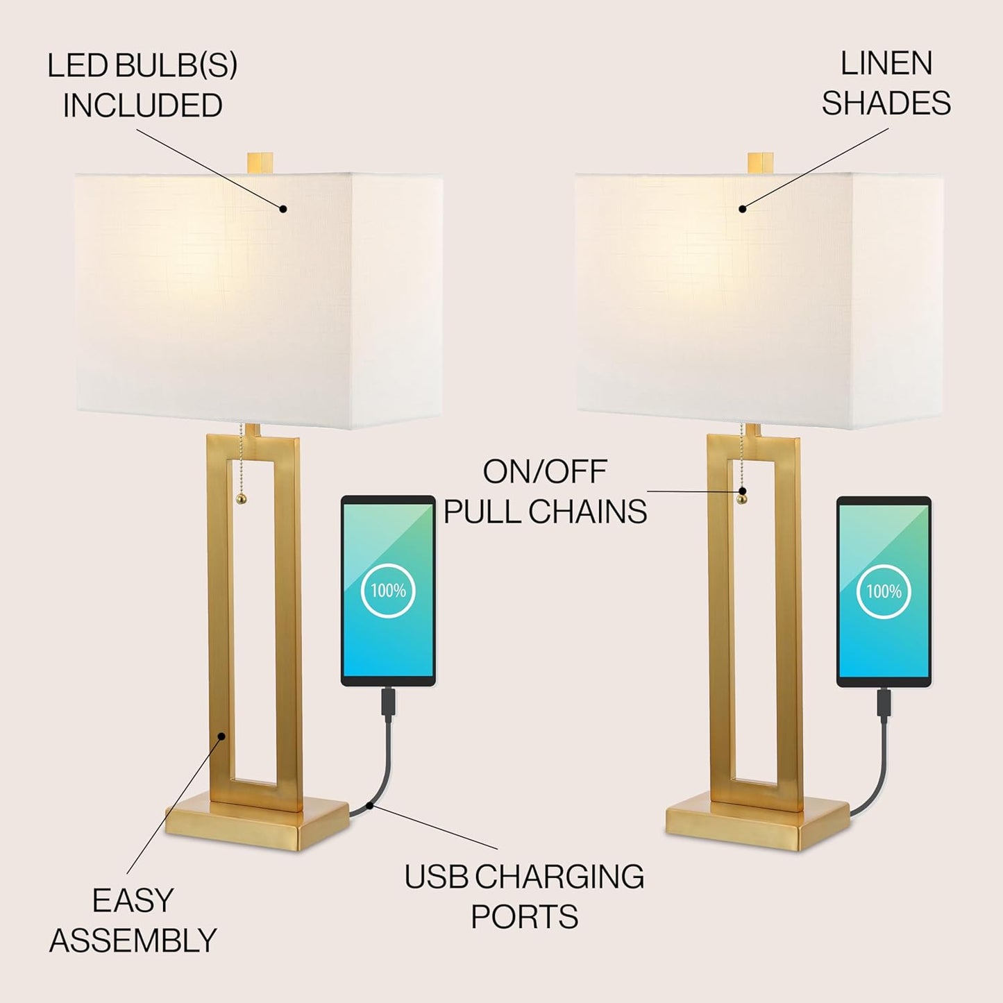 JONATHAN Y JYL1126A-SET2 Sabrina 28.5" Vintage Industrial Iron LED Table Lamp with Pull-Chain and USB Charging Port Mid-Century, Minimalist Bedside Desk Nightstand Lamp, Brass Gold (Set of 2)