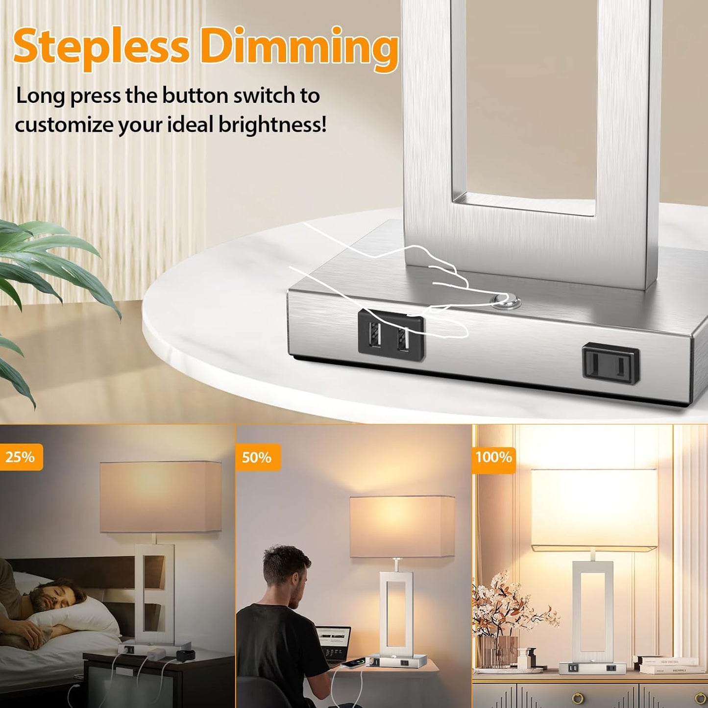 27.2’’ Tall Black Table Lamps for Living Room Bedroom, Bedside Touch Control Lamps with 2 USB Ports&AC Outlet, 3 Way Dimmable&Stepless Dimming Desk Lamp Sets for Home Office, Pre-assembled White Shade