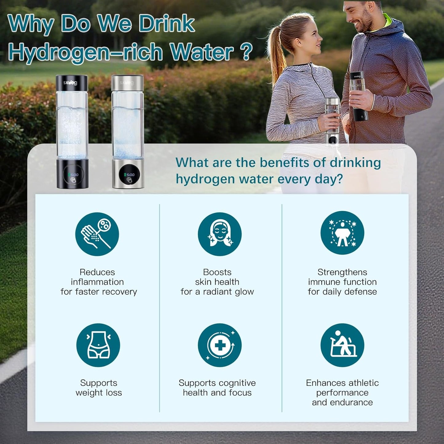 Hydrogen Water Bottle Generator - Glass Hydrogen Water Ionizer Machine 16oz, SPE/PEM Technology, LED Display, Easy Clean, Type-C Charging for Home Office Fitness, Silver