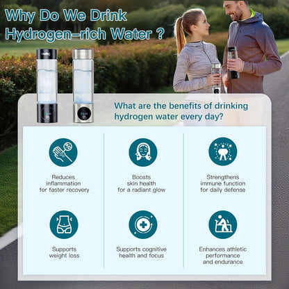 Hydrogen Water Bottle Generator - Glass Hydrogen Water Ionizer Machine 16oz, SPE/PEM Technology, LED Display, Easy Clean, Type-C Charging for Home Office Fitness, Silver