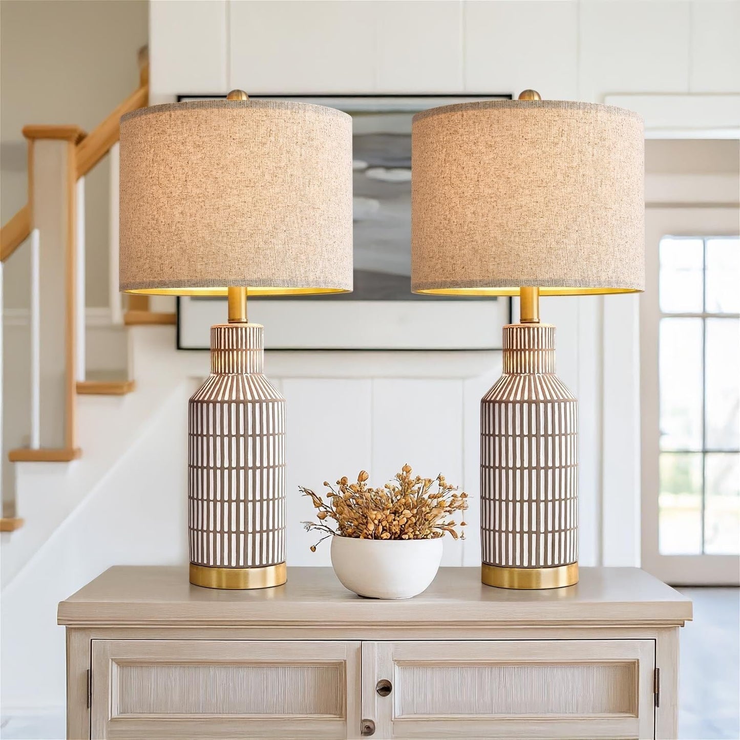 25 Inch Modern Ceramic Table Lamp with Linen Shade for Living Room Bedroom Farmhouse Nightstand Lamp Suitable for bedrooms, Living Rooms, Offices, Book(‎Washed White-1Pack)