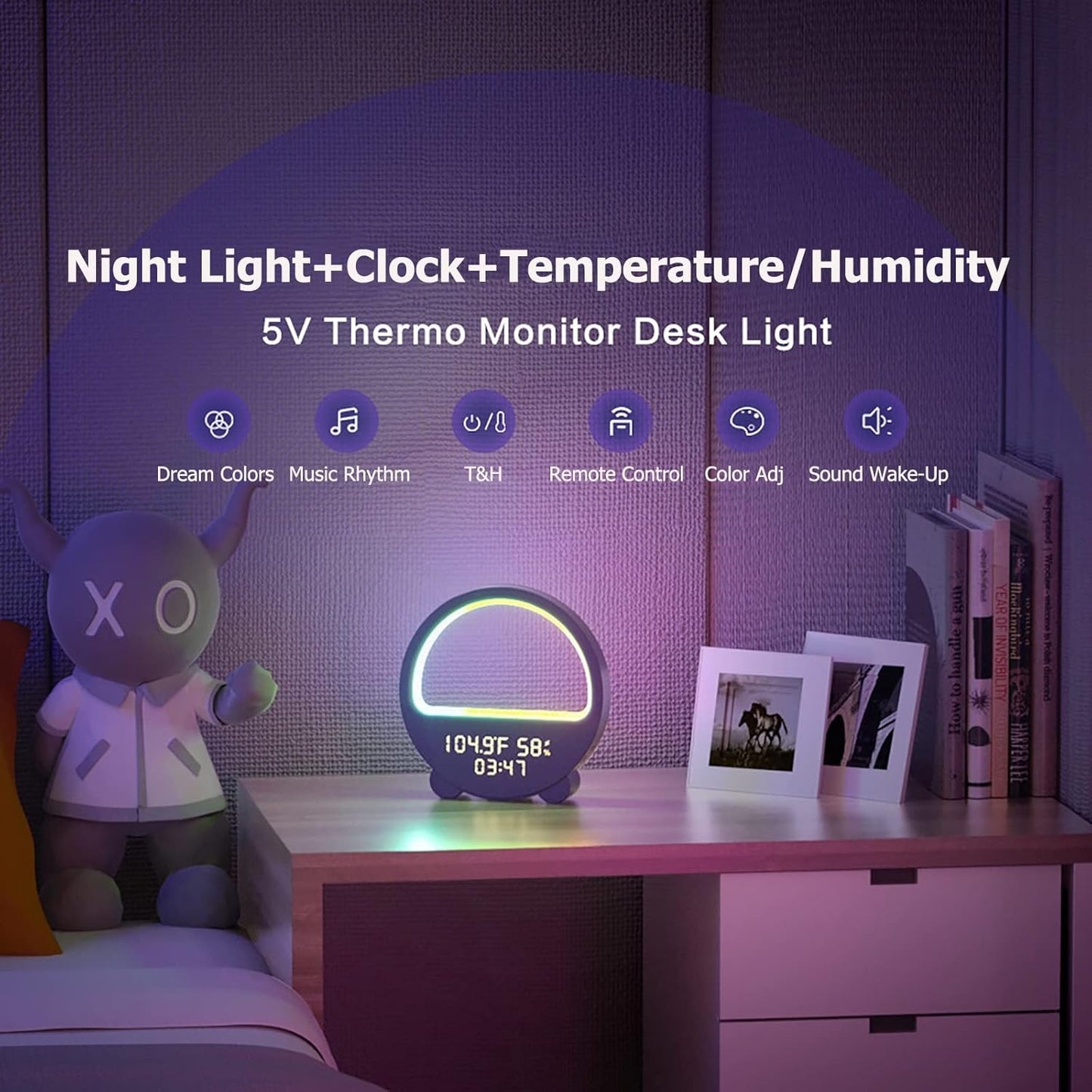 LED Night Light RGB Atmosphere Desk Lamp, Smart Multifunctional Alarm Clock, Music Sync, Temperature & Humidity Display, Ideal for Bedroom, Living Room (Color : Light Blue)