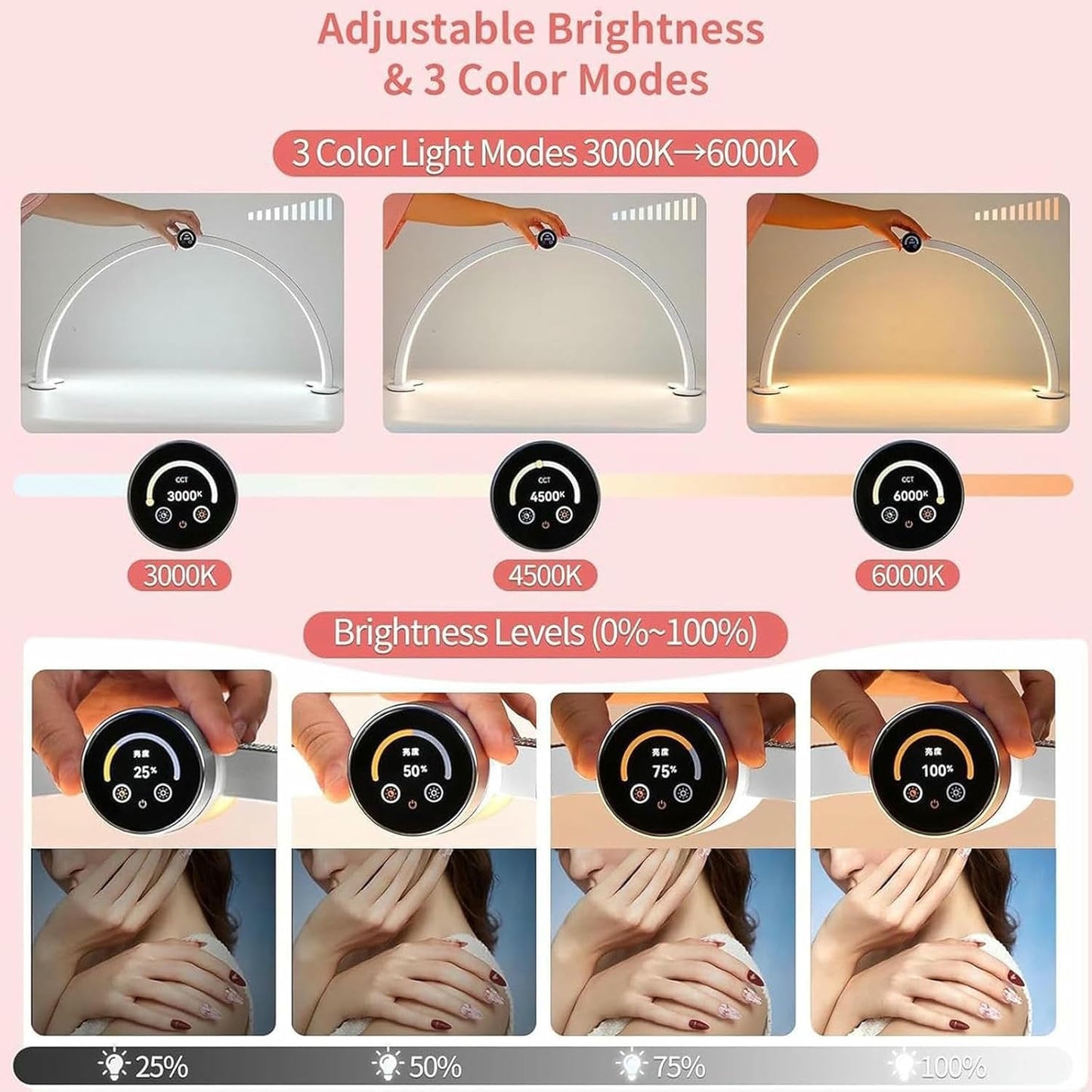 48W Foldable Nail Arch Light, Half Moon Light for Nail Desk - 3 Modes 3000-6000K Stepless Table Lamp with Smart Display LED Half Moon Lamp - for Lash Extension/Tattoo..