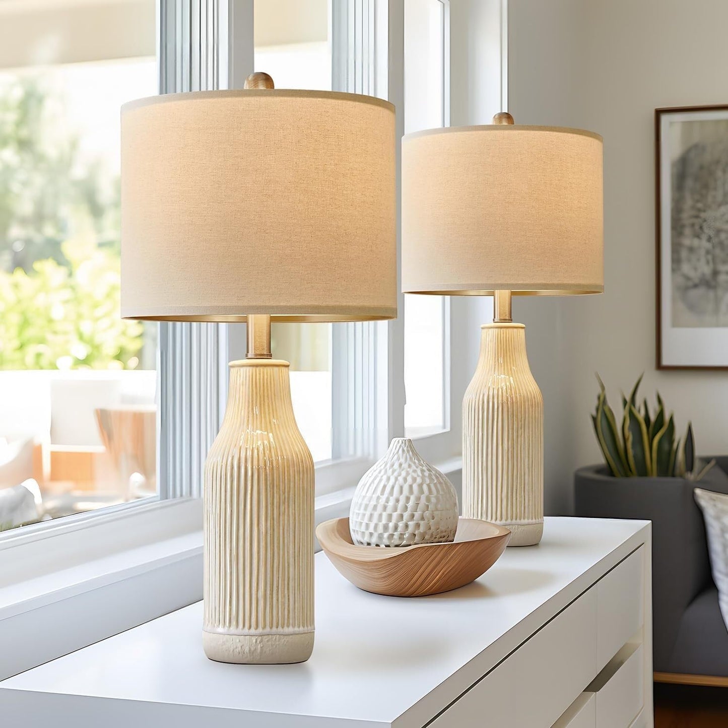23.75 Inch Modern Ceramic Table Lamp 2 Pack for Living Room, Nightstand, Bedroom Lighting, Gift Suitable for bedrooms, Living Rooms, Offices, Book(Beige)
