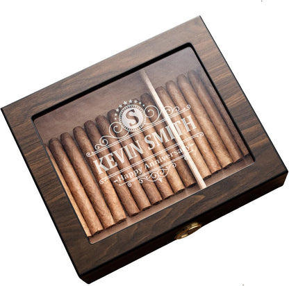 Woodronic Monogrammed Cigar Humidor, Custom Cigar Case with Hygrometer and Humidifier, Spanish Cedar Lining and Divider, Cigar Accessories, Customized Gift for Men, Holds 25 Cigars
