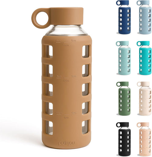 purifyou 40oz / 32oz / 22oz / 12oz Borosilicate Glass Water Bottle with Time & Volume Markers, Silicone Sleeve, Stainless Steel Lid | Reusable Glass Bottle for Water & Juice (40oz Jet Black)