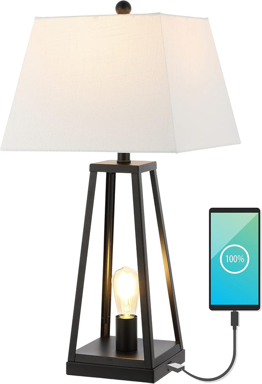 JONATHAN Y JYL8503A Waylon 28.5" Classic Industrial Iron Nightlight LED Table Lamp with USB Charging Port Modern Contemporary Bedside Desk Nightstand Lamp for Bedroom Living Room, Black