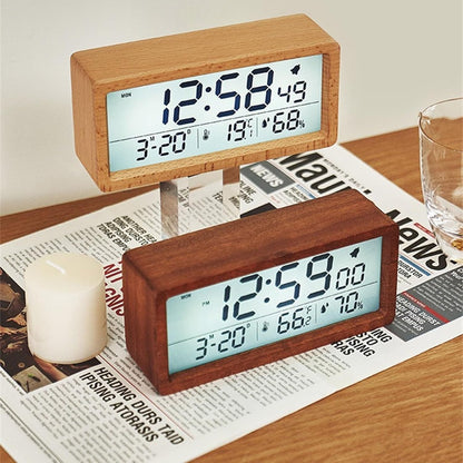 Wooden Alarm Clock, Battery Operated LCD Digital Clock with Smart Sensor Night Light and Snooze Function, Suitable for Bedroom, Bedside, Desk (Color : B)