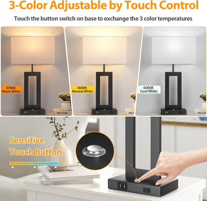 27.2’’ Tall Black Table Lamps for Living Room Bedroom, Bedside Touch Control Lamps with 2 USB Ports&AC Outlet, 3 Way Dimmable&Stepless Dimming Desk Lamp Sets for Home Office, Pre-assembled White Shade
