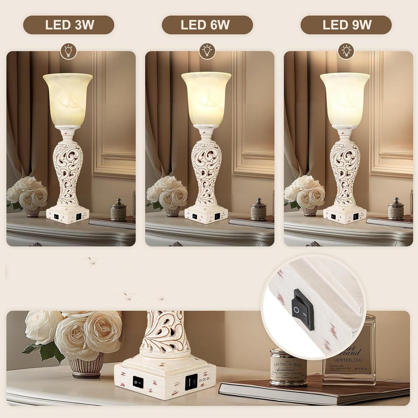 20" Vintage Table Lamp with 2 USB Charging Ports, Glass Shade Table Lamp, Dimmable, for Living Room Bedside Suitable for bedrooms, Living Rooms, Offices, Book