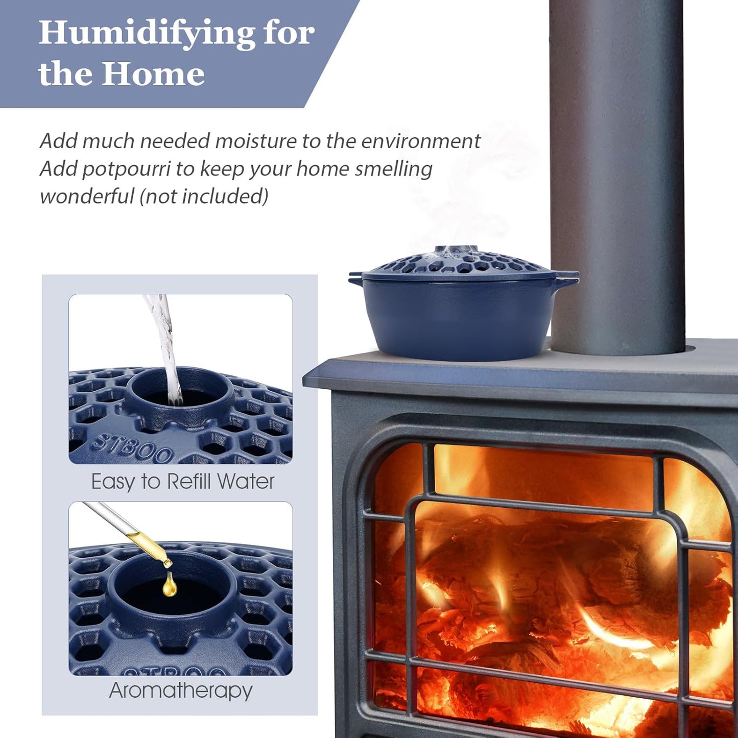 Wood Stove Steamer, Cast Iron Fireplace Humidifier, Indoor Humidifier for Home Heating, Black Bowl Fireplace Stove Covers Accessories Decorative, Matte Black Finish, Rust Resistant, 2.7 Quart Capacity